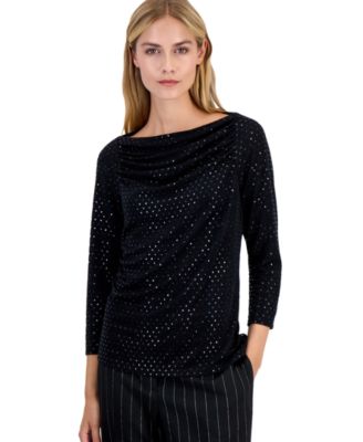 Women's Petite Allover-Sequin 3/4-Sleeve Boat Neck Blouse
