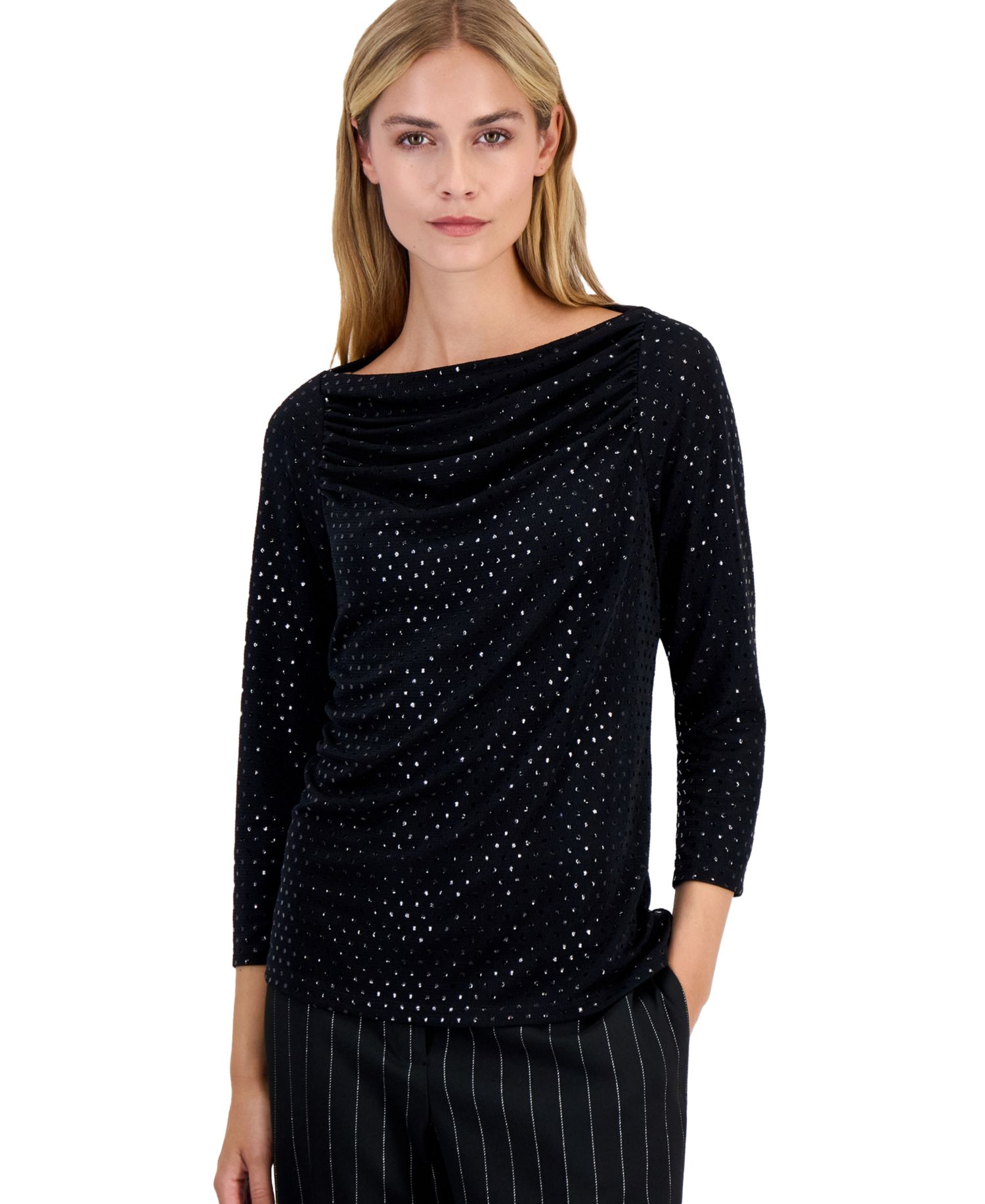 Women's Petite Allover-Sequin 3/4-Sleeve Boat Neck Blouse