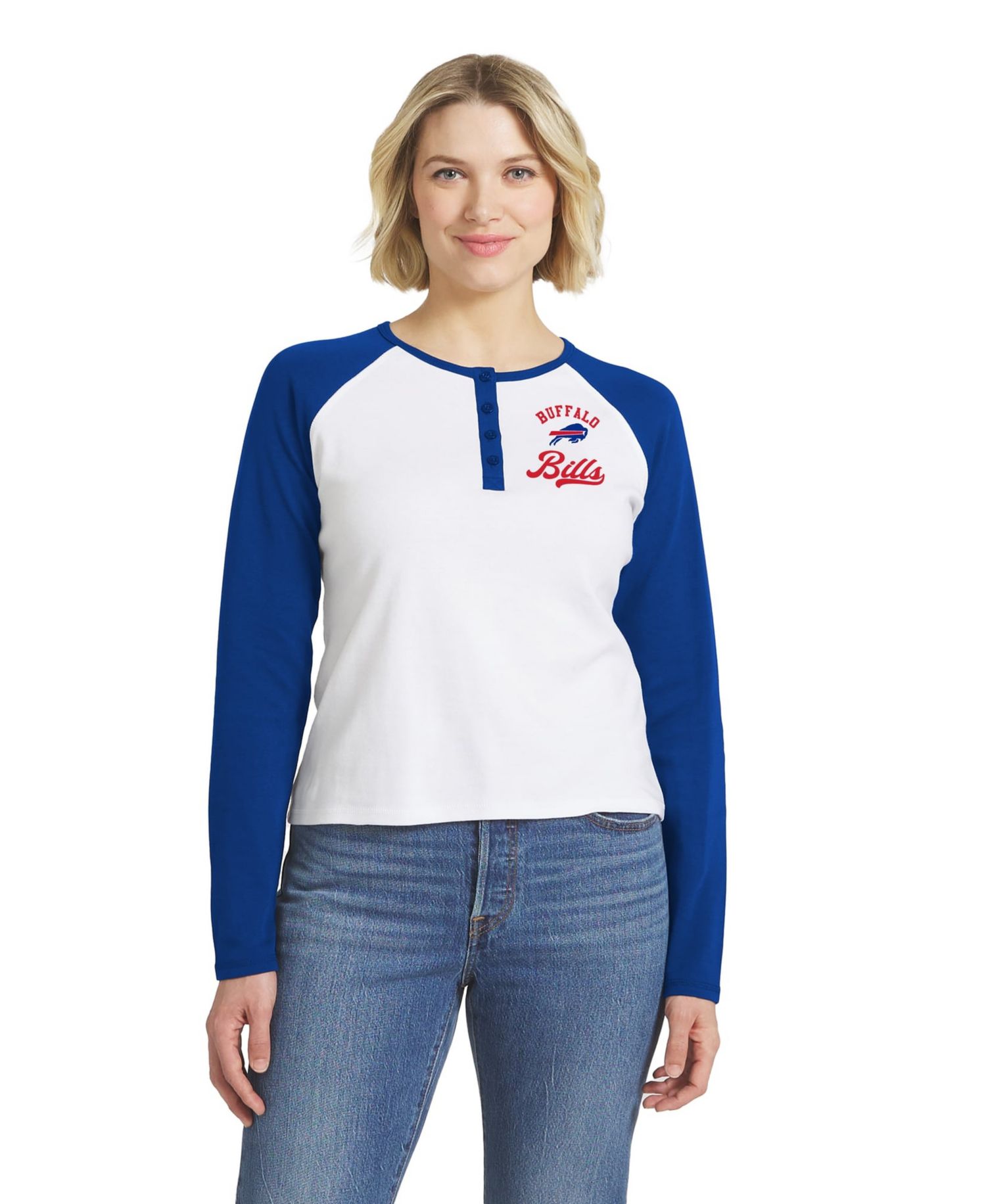 Women's White/Royal Buffalo Bills Henley Long Sleeve Raglan T-Shirt