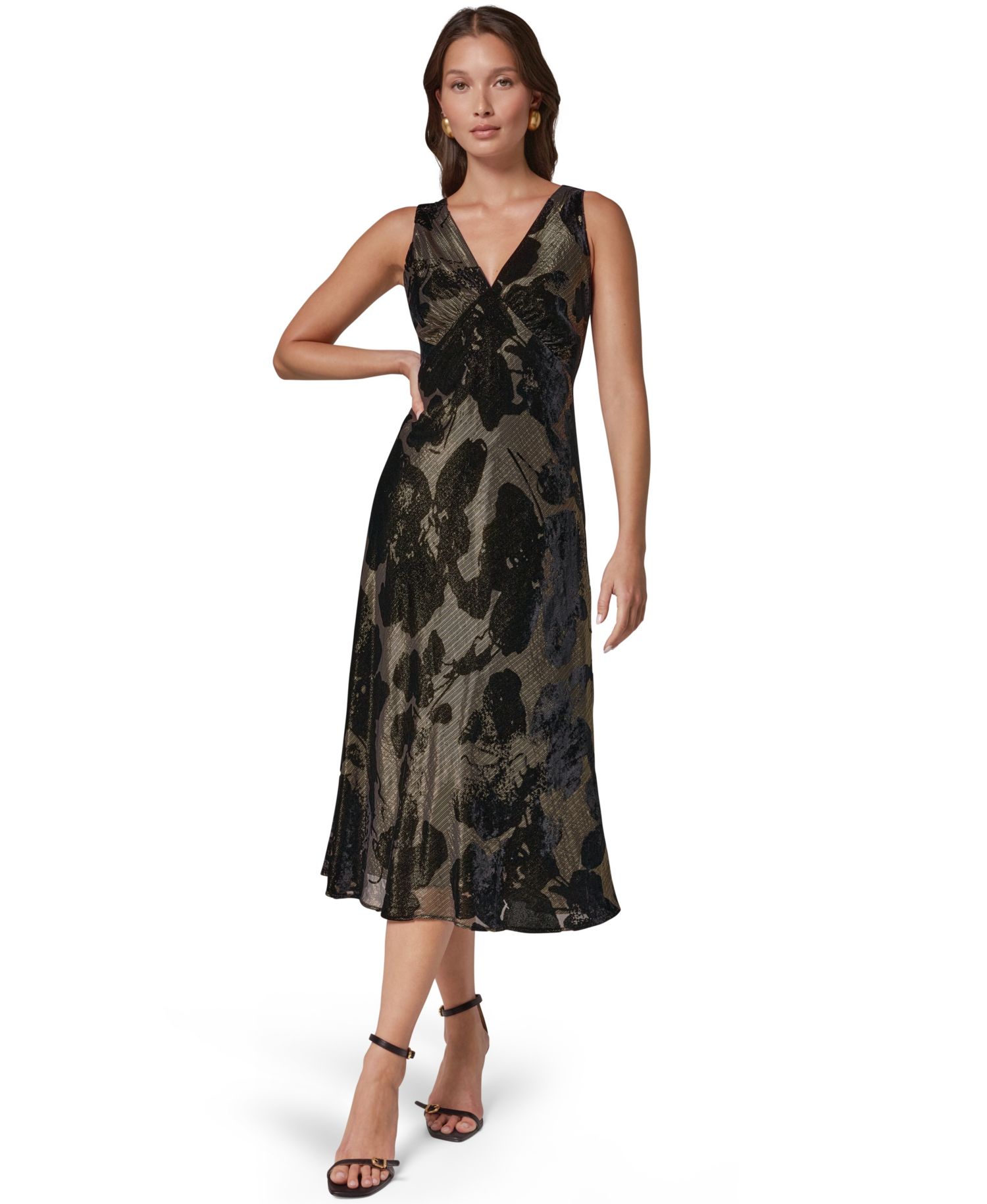 Women's Floral A-Line Metallic Velvet Burnout Midi Dress