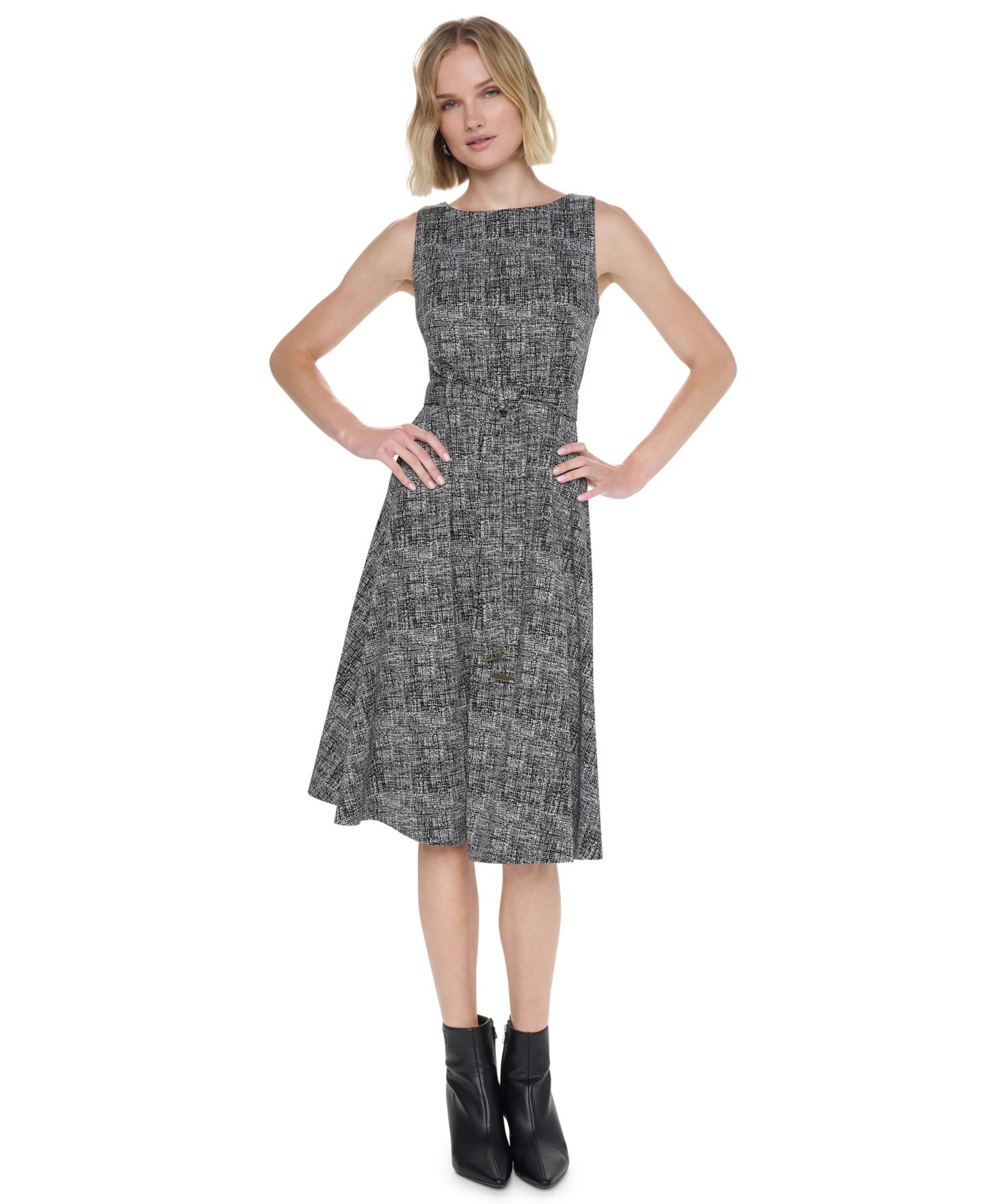 Женское платье DKNY Fit-and-Flare Jewel-Neckline Midi, цвет: Чёрный / Кремовый — фото 2