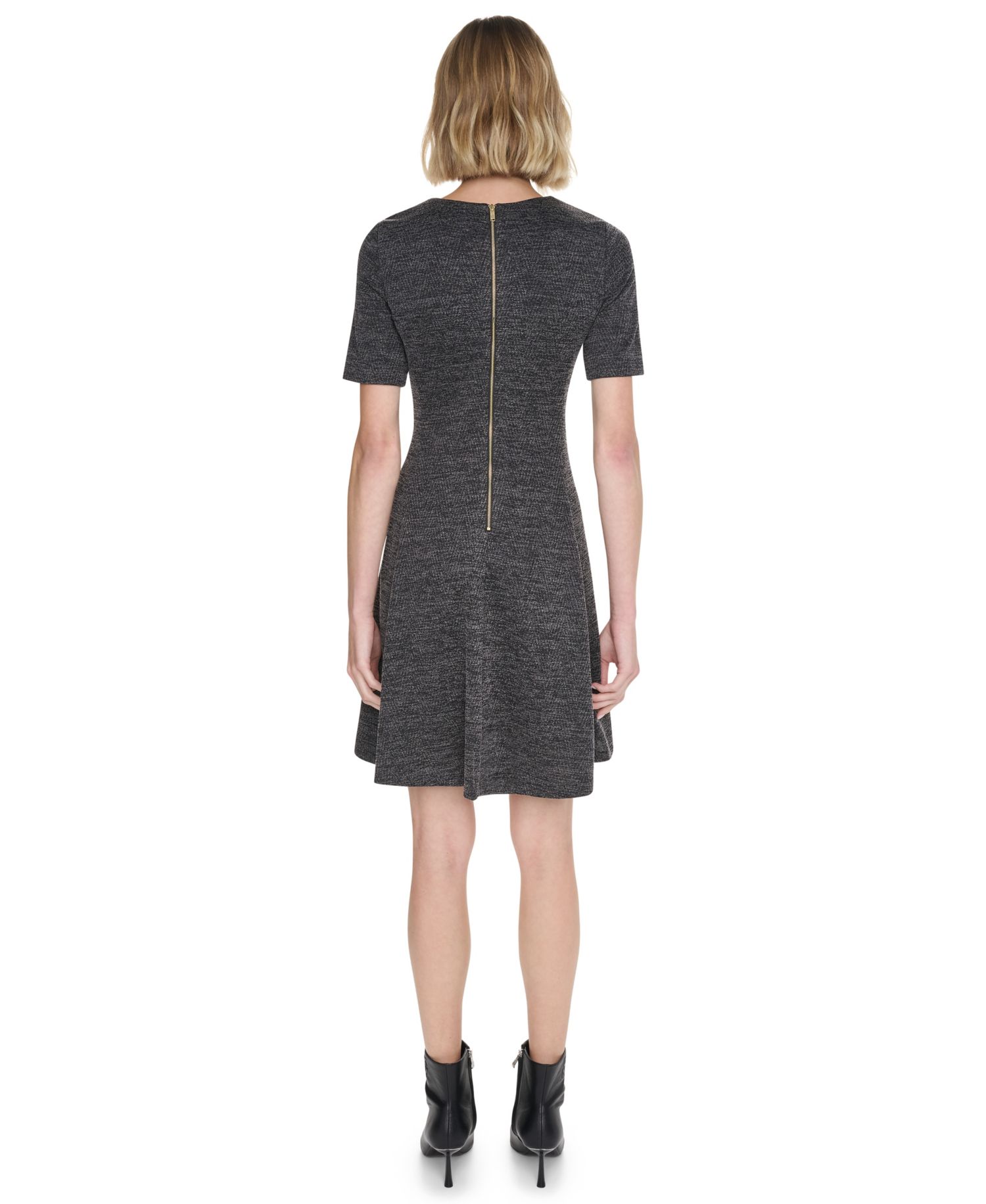 Women's Textured-Knit Short-Sleeve Fit-and-Flare Dress