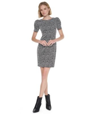 Women's Puff-Sleeve Crewneck Textured-Knit Sheath Dress