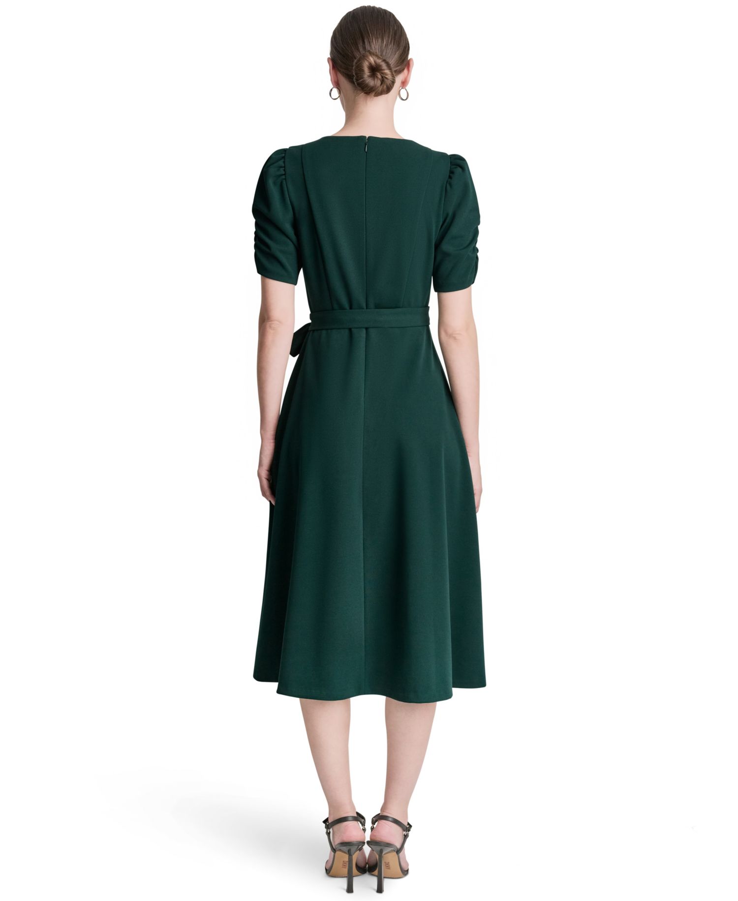 Women's Short-Sleeve Scuba Crepe Belted Fit and Flare Midi Dress