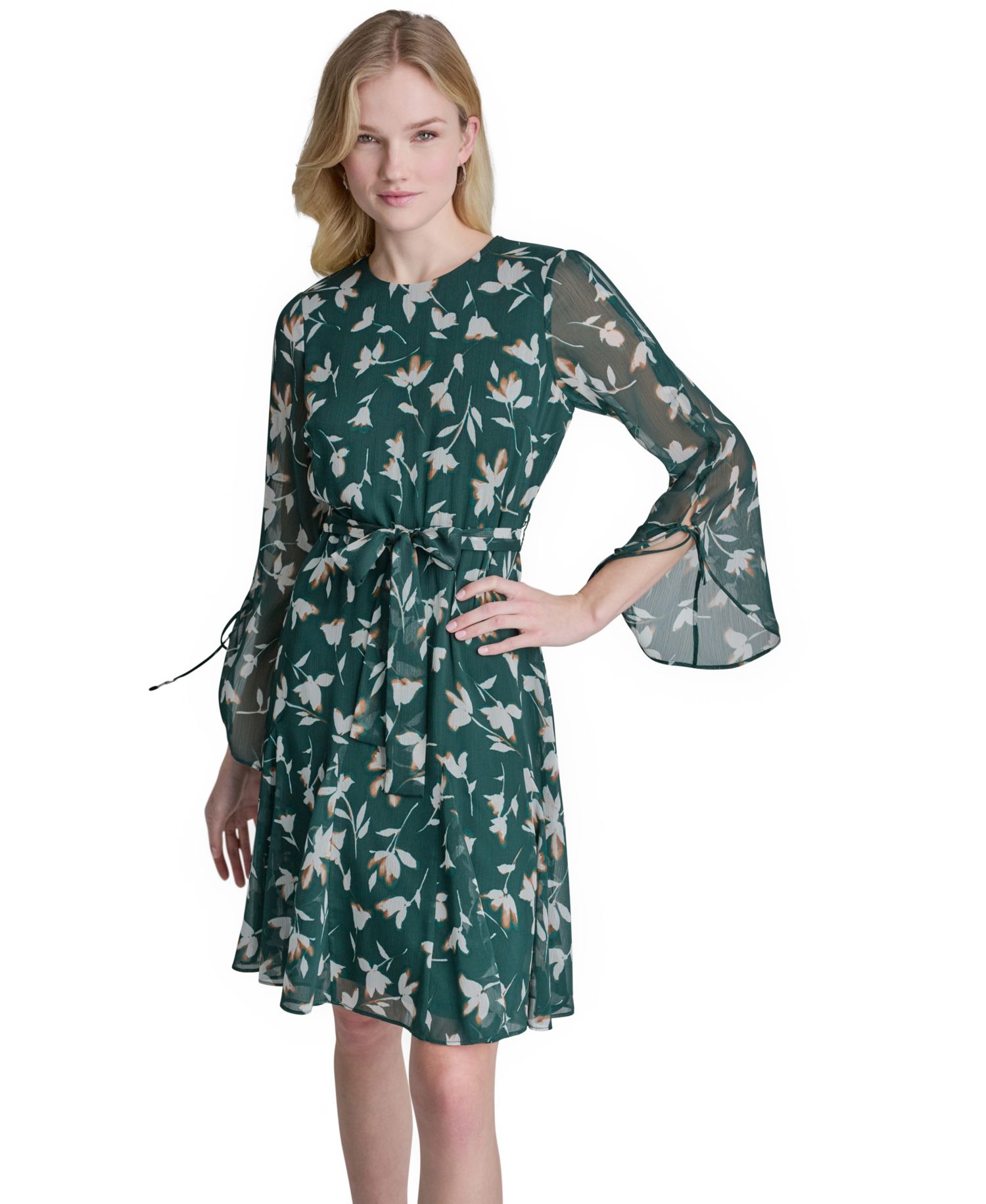 Women's Long-Sleeve A-Line Floral-Print Dress