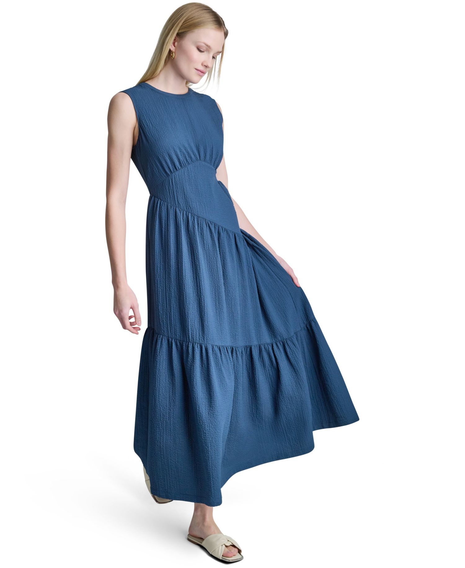 Women's Sleeveless Jewel Neck Asymmetrical Tiered Maxi Dress