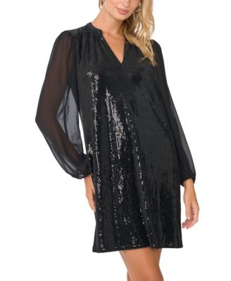 Women's Mixed Media Long-Sleeve Sequin Mini Dress