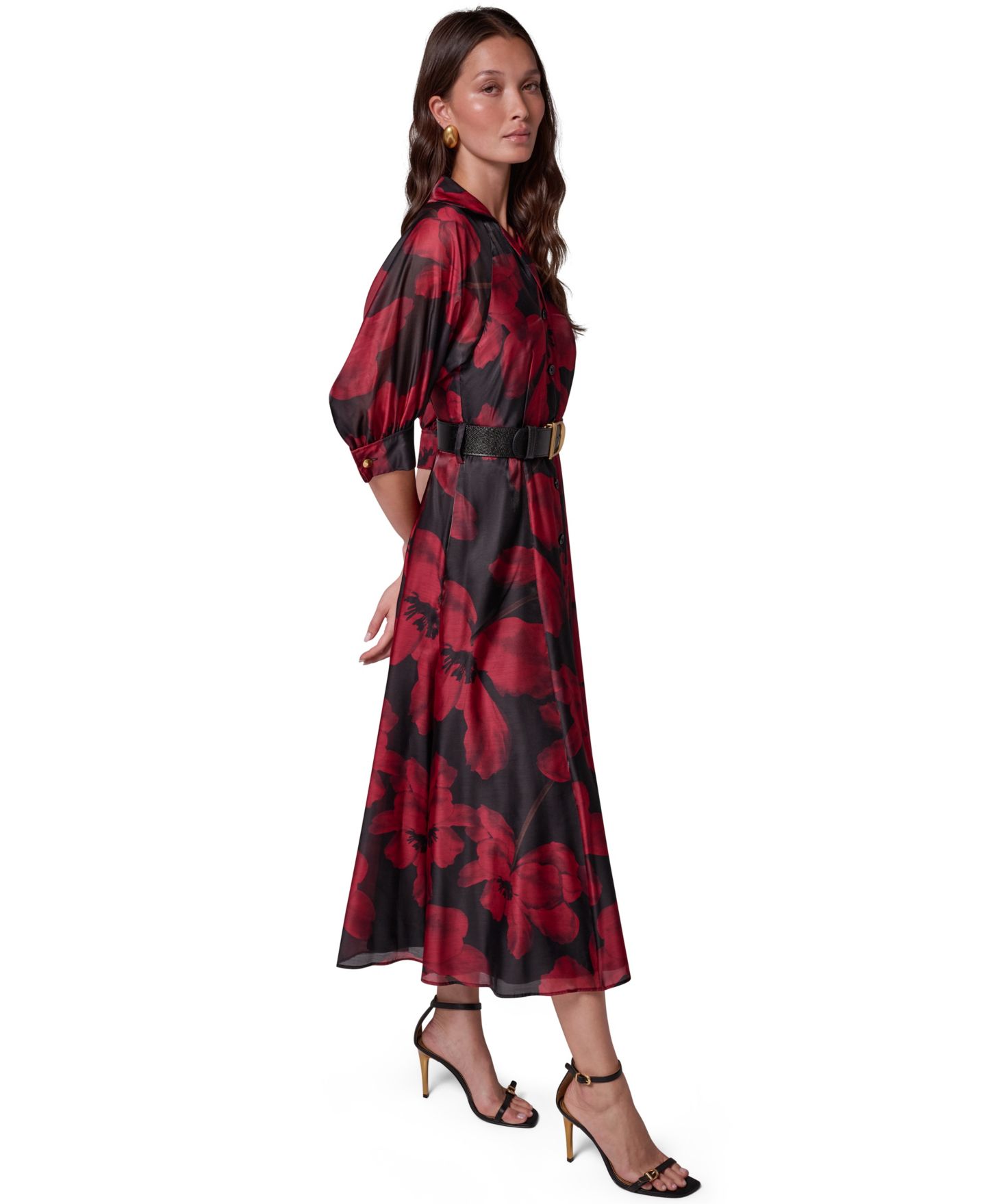 Женское платье Donna Karan New York Floral-Print 3/4-Sleeve Midi Shirtdress, цвет: Чёрный / Красный бархатный разноцветный — фото 2