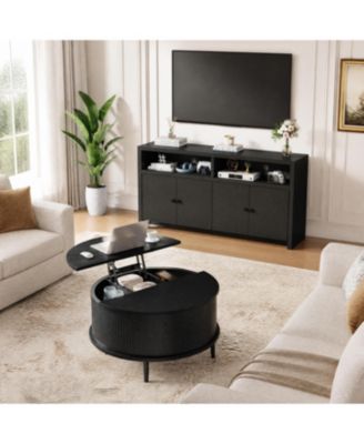 55" 4-Door TV Stand with Adjustable Shelves + Round Lift-Top Coffee Table - Hidden Storage, Water-Resistant, Farmhouse Living Room Set
