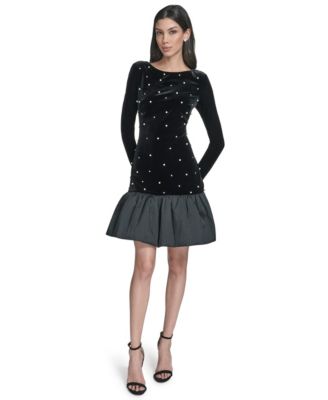 Women's Long-Sleeve Boat-Neck Embellished Cocktail Dress