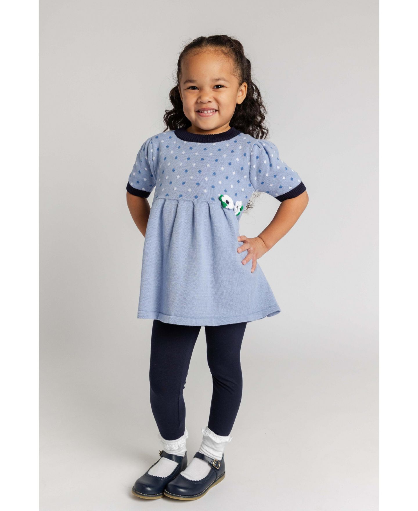 Florence Eiseman Girls' 4-16 Polka-Dot Crocheted-Flower Sweater Tunic and Leggings, 2-Piece Set, цвет: Синий / Тёмно-синий — фото 3