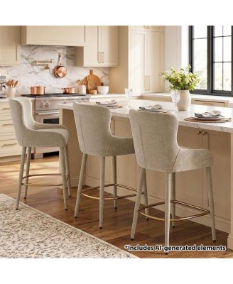 Counter-Height Wingback Counter Stools Set of 3, Chenille Upholstered, Tone Footrest, 26.5" Seat Height