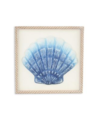 Blue and White Distressed Metal Sea Shell Brown Frame Wall Art