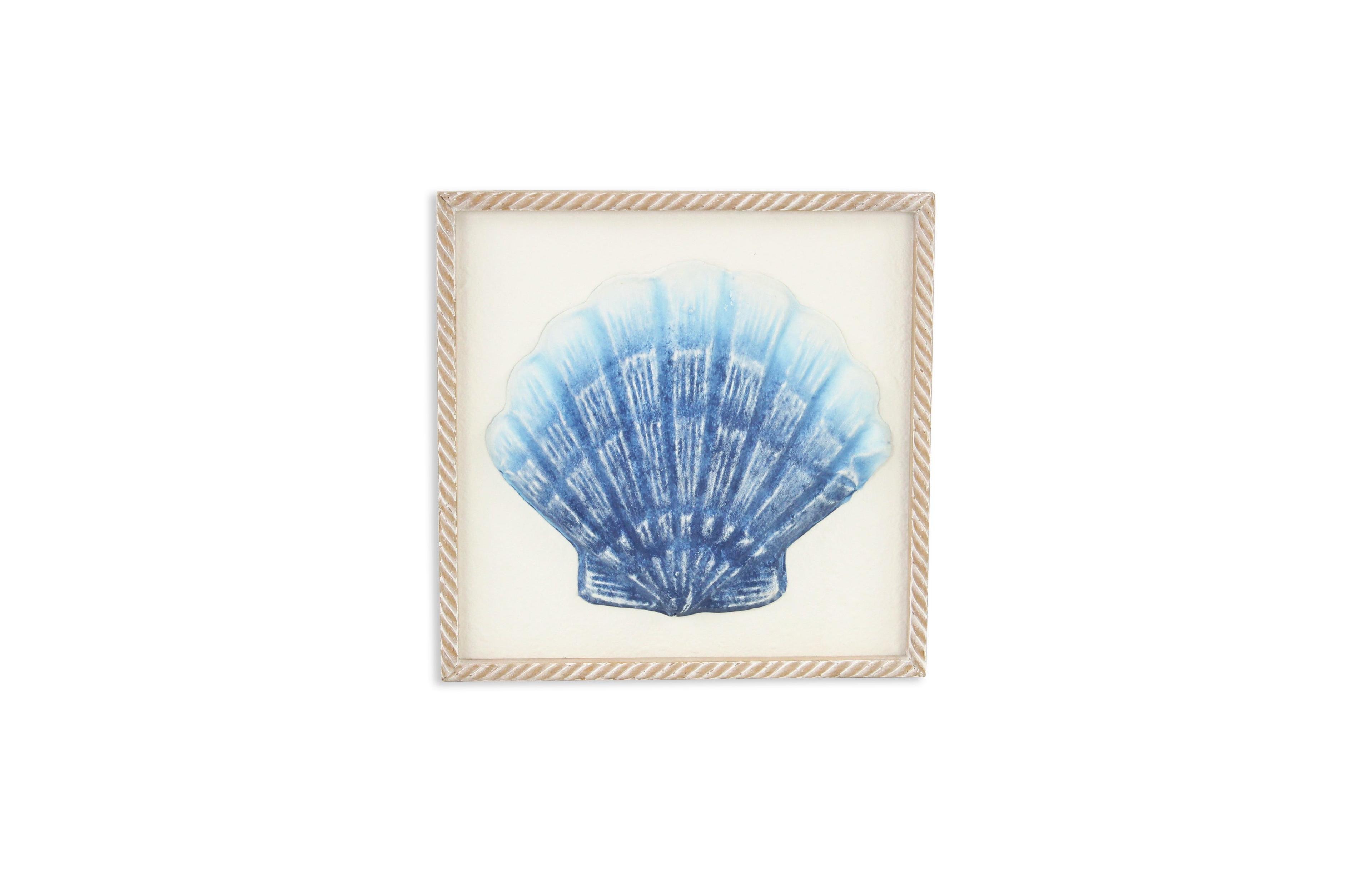 HomeRoots Blue and White Distressed Metal Sea Shell Brown Frame Wall Art