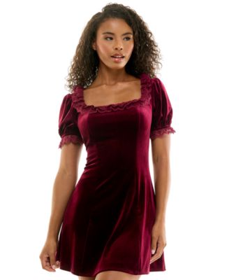 Juniors' Puff-Sleeve Velvet Fit & Flare Dress