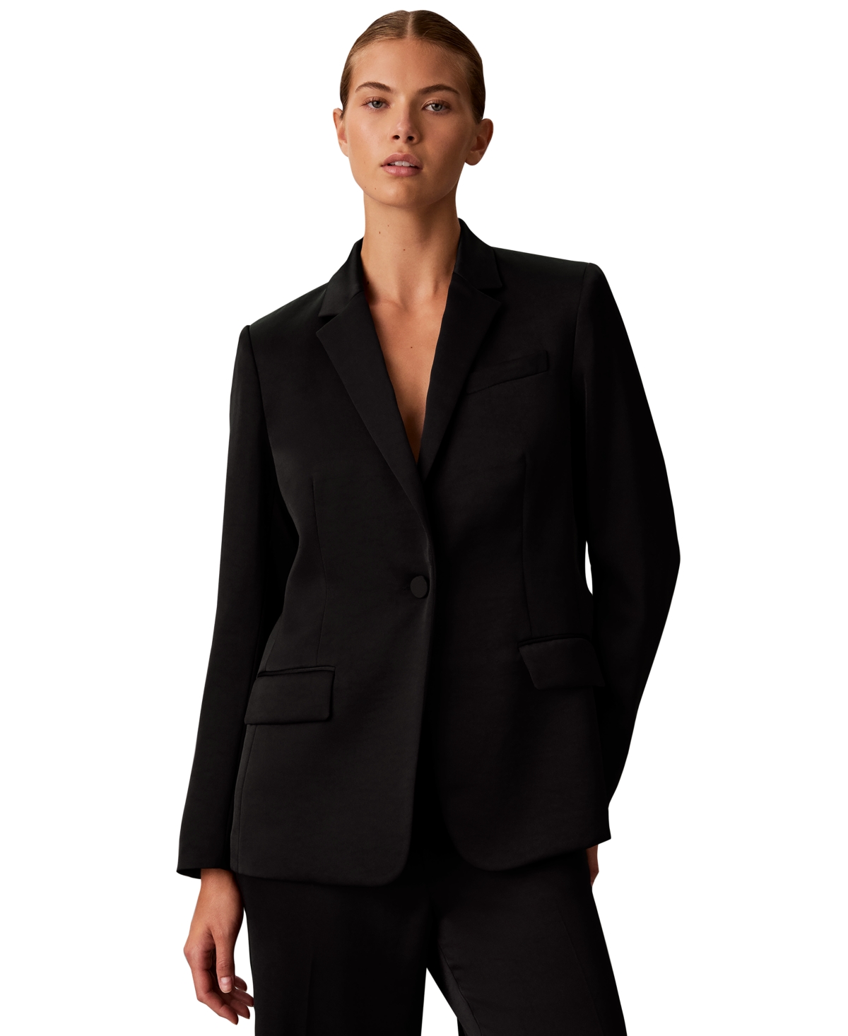 Calvin Klein Petite One-Button Slim-Fit Satin Blazer