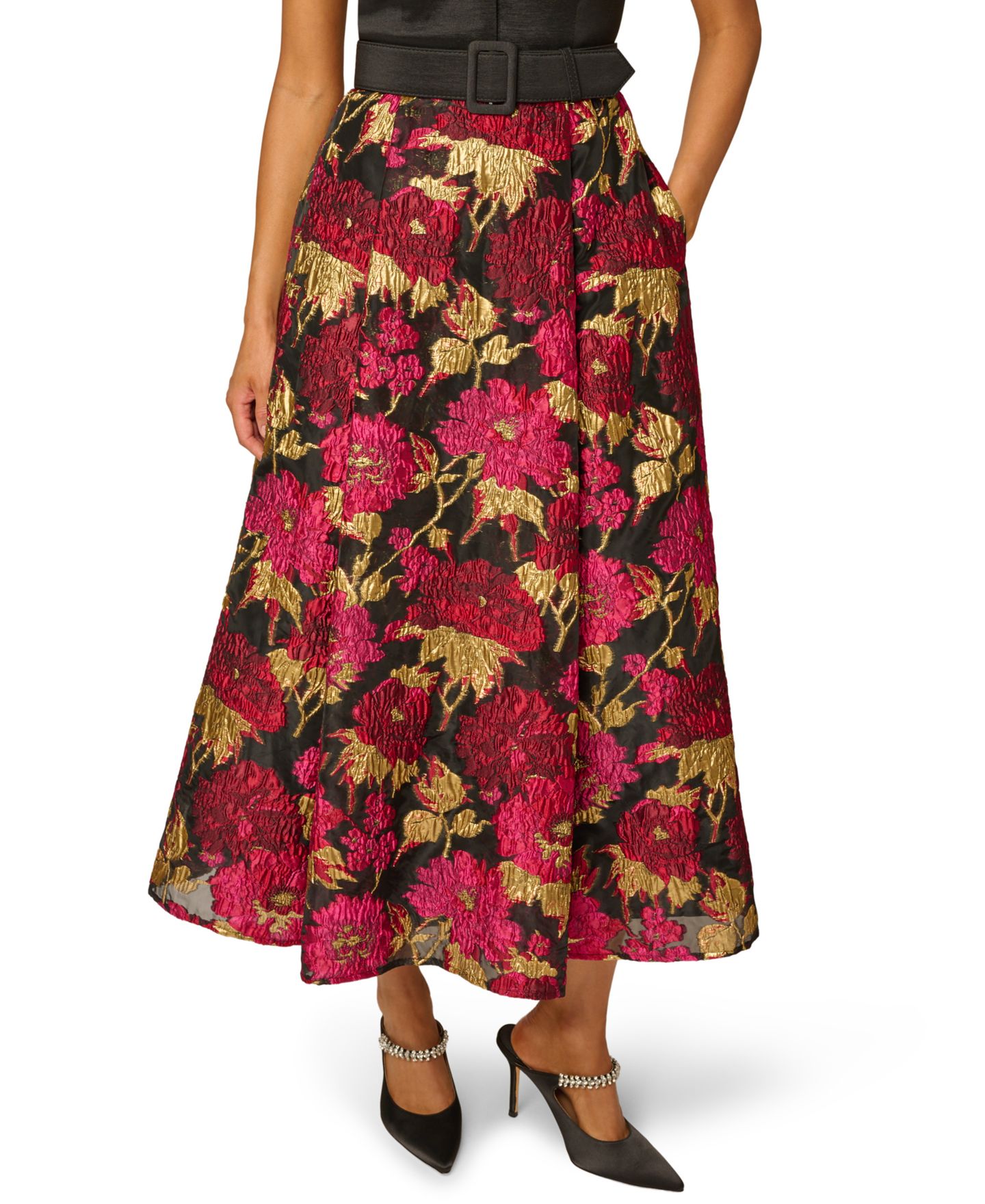 Женское платье Adrianna Papell Petite Floral-Print A-Line Midi Shirt Dress, цвет: Чёрный розовый разноцветный — фото 3