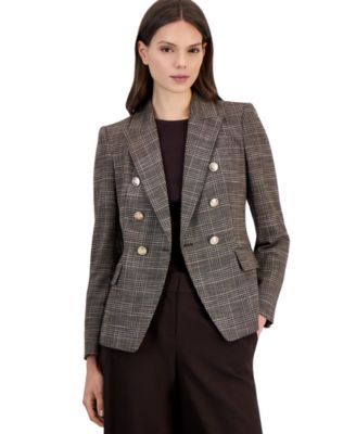 Petite Double Breasted Plaid Stretch Blazer