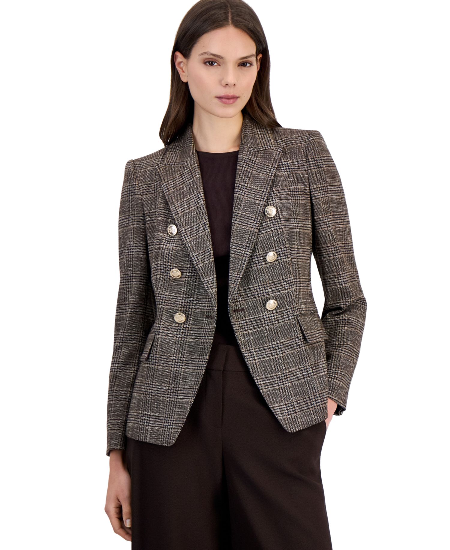 Petite Double Breasted Plaid Stretch Blazer