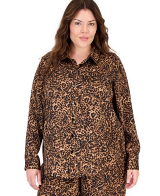Plus Size Long-Sleeve Leopard-Print Blouse
