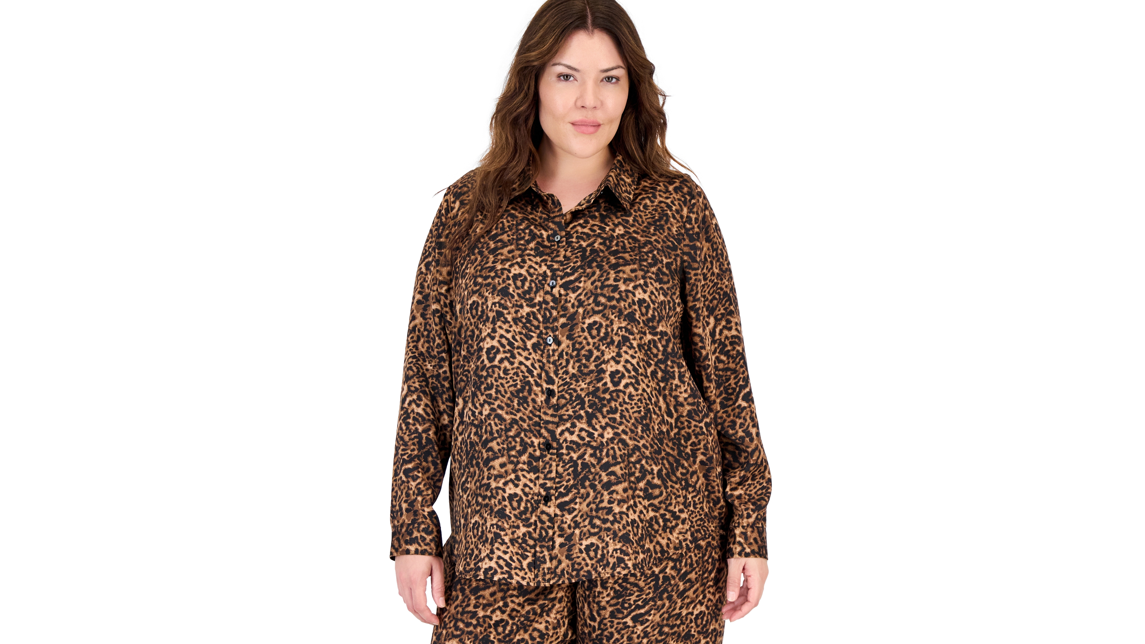 Tahari Plus Long-Sleeve Leopard-Print Blouse