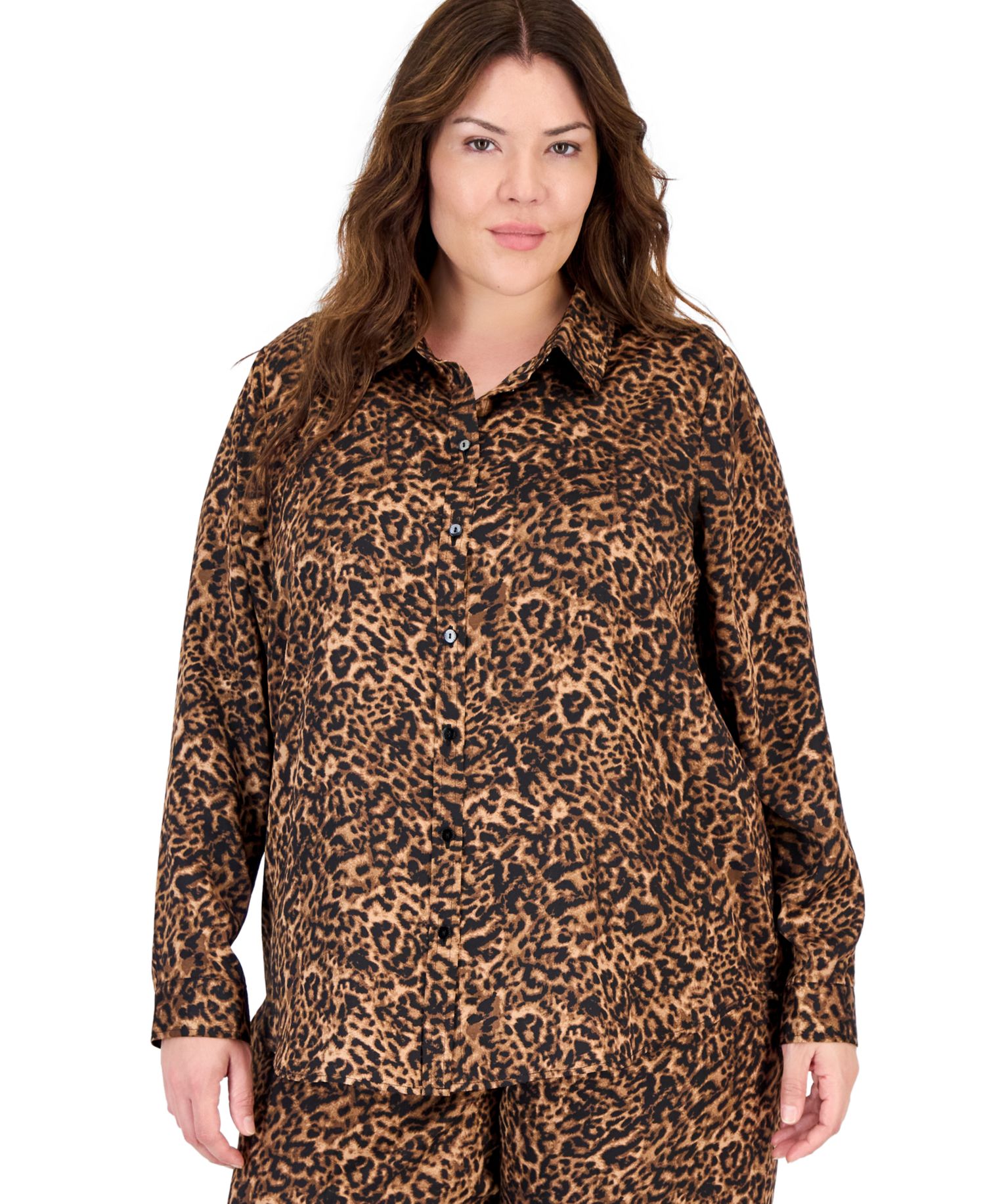 Plus Size Long-Sleeve Leopard-Print Blouse