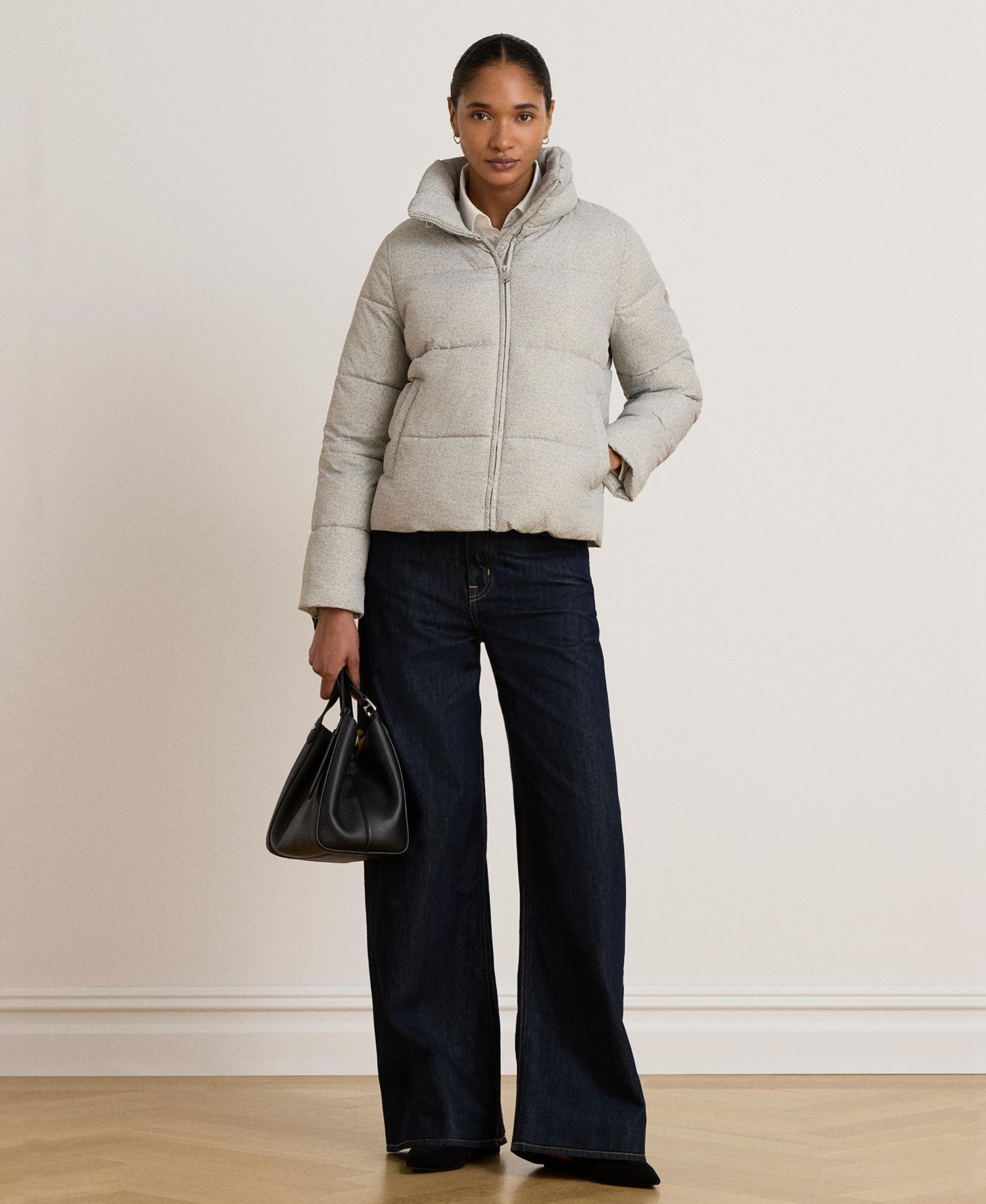 Women's Herringbone-Print Short Puffer Coat