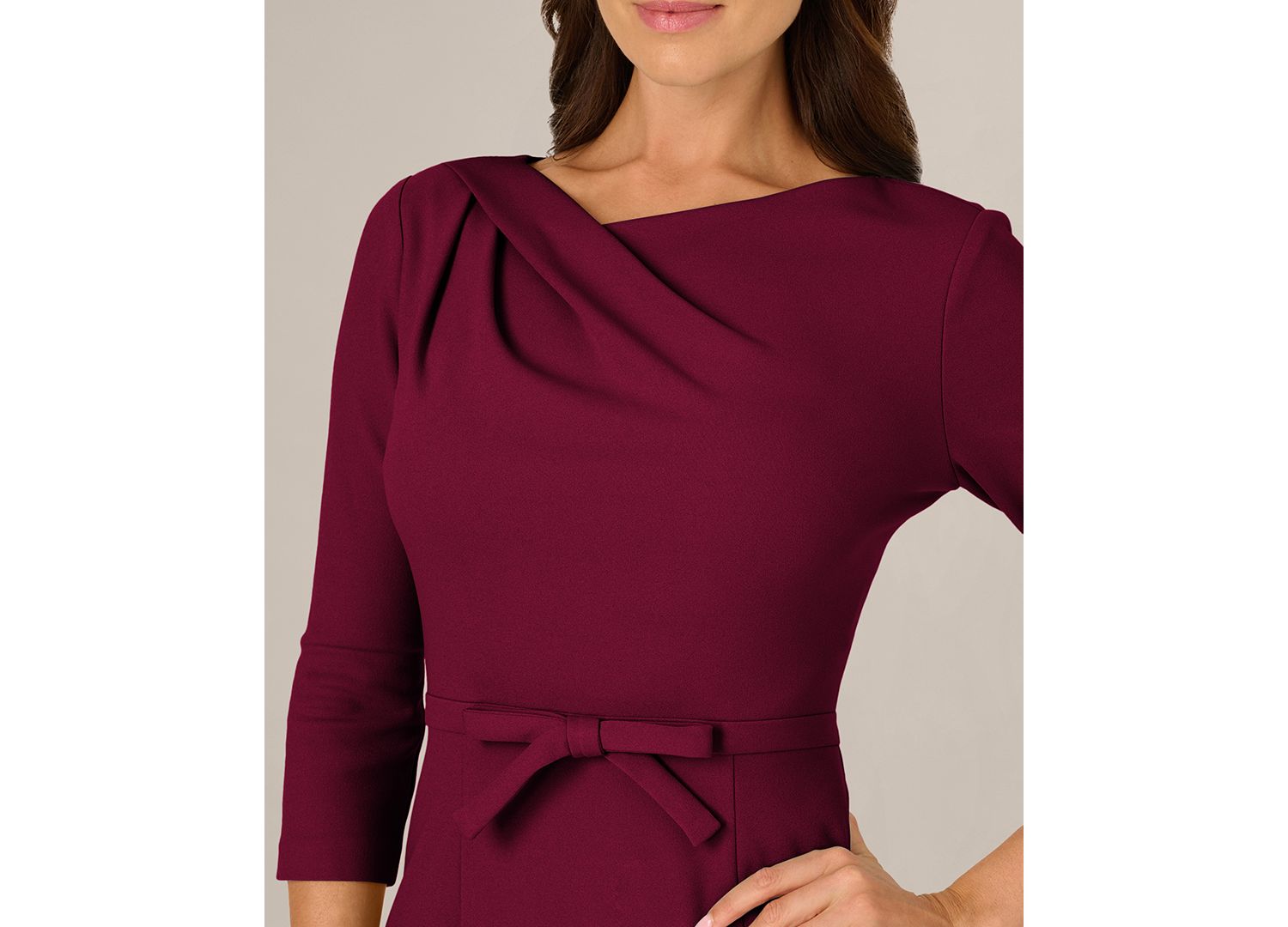 Petite Asymmetrical-Neck Bow 3/4-Sleeve Dress