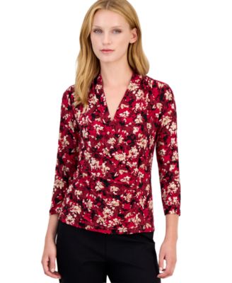 Petite Faux-Wrap Floral-Print 3/4-Sleeve Blouse