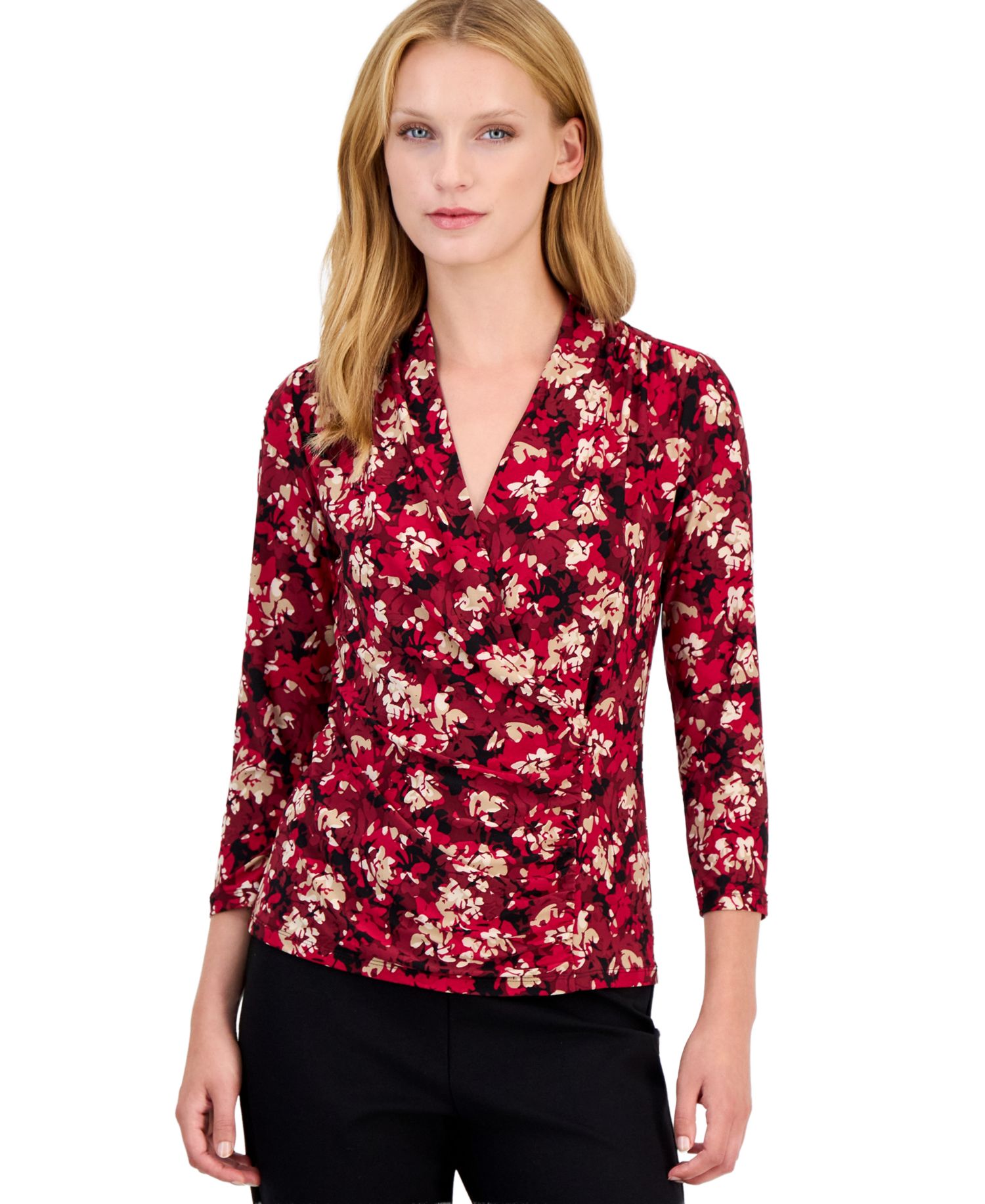 Women's Faux-Wrap 3/4-Sleeve V-Neck Blouse