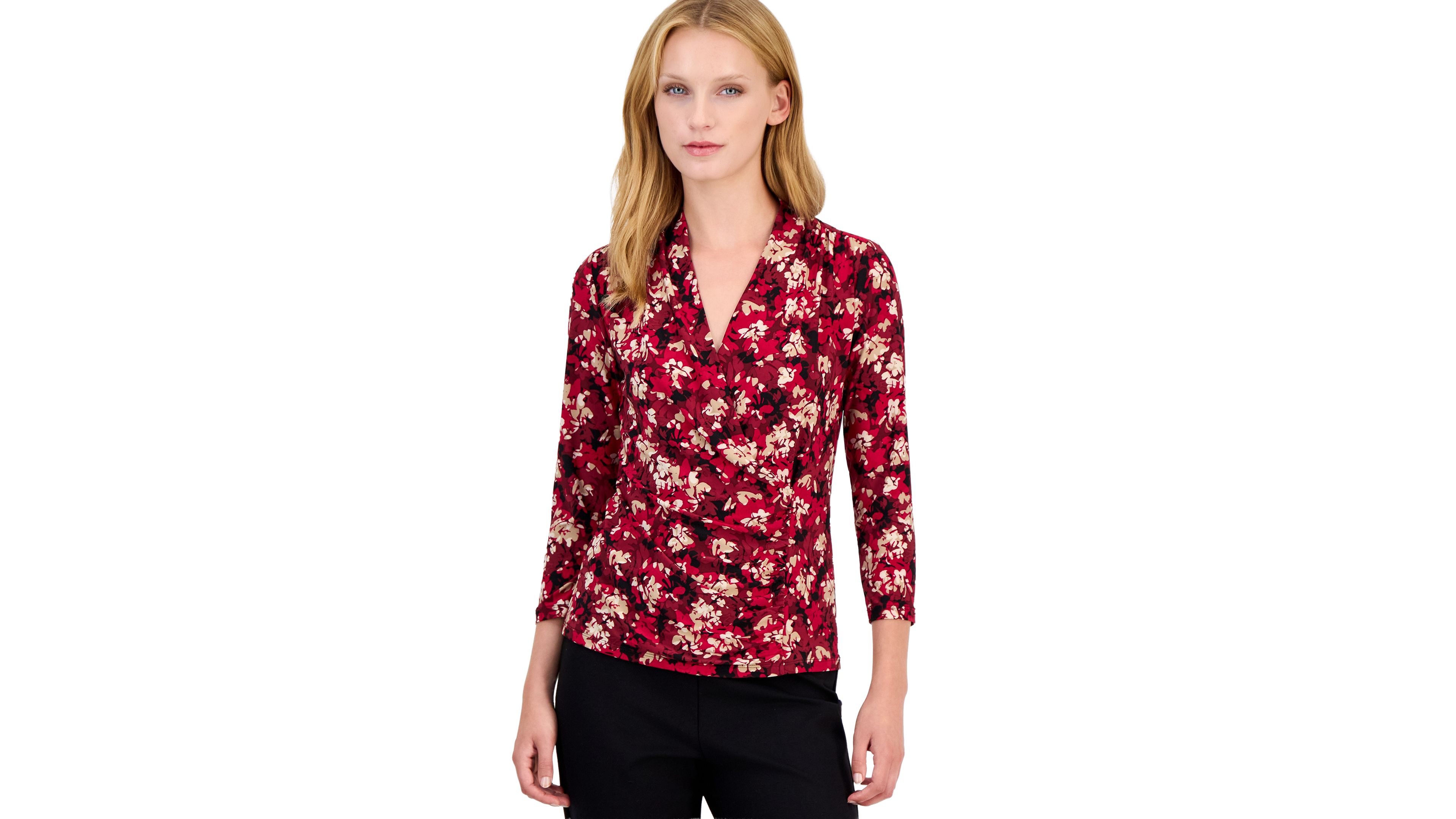 Anne Klein Womens Faux Wrap 3 4 Sleeve V Neck Blouse