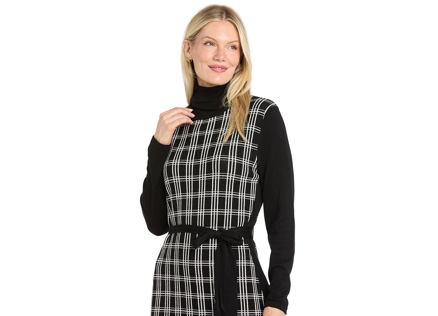 Women's Shift Windowpane Long-Sleeve Belted Turtleneck Sweater Dress