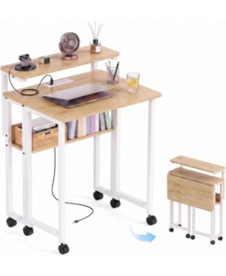 Multi-Purpose Foldable Computer Desk - Writing Table with Power Outlet and USB Ports, Space-Saving Desk for Home Office, Study and Bedroom