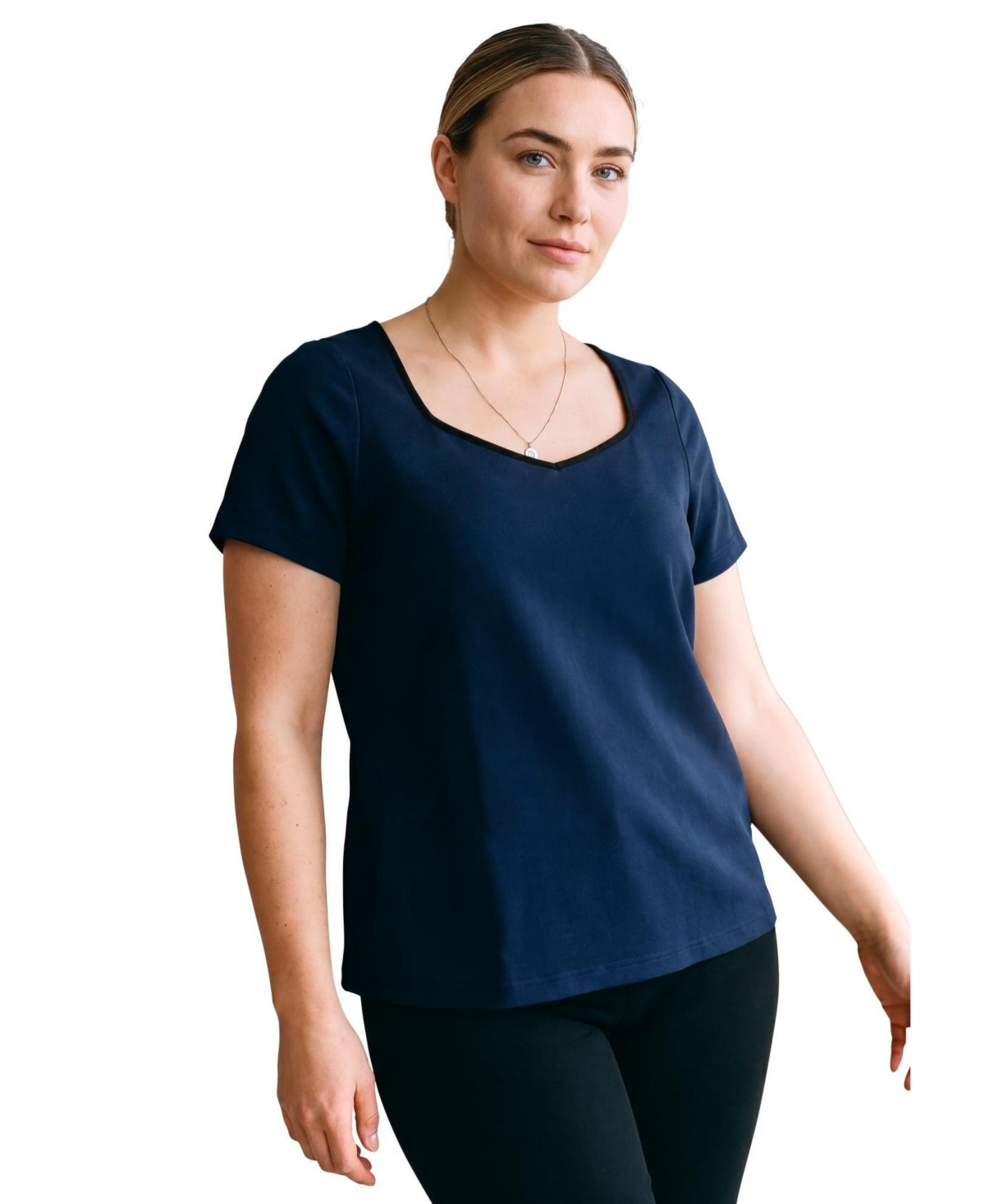 Avenue Plus Size Audrey Contrast-Trim Sweetheart Neck T-Shirt - Navy