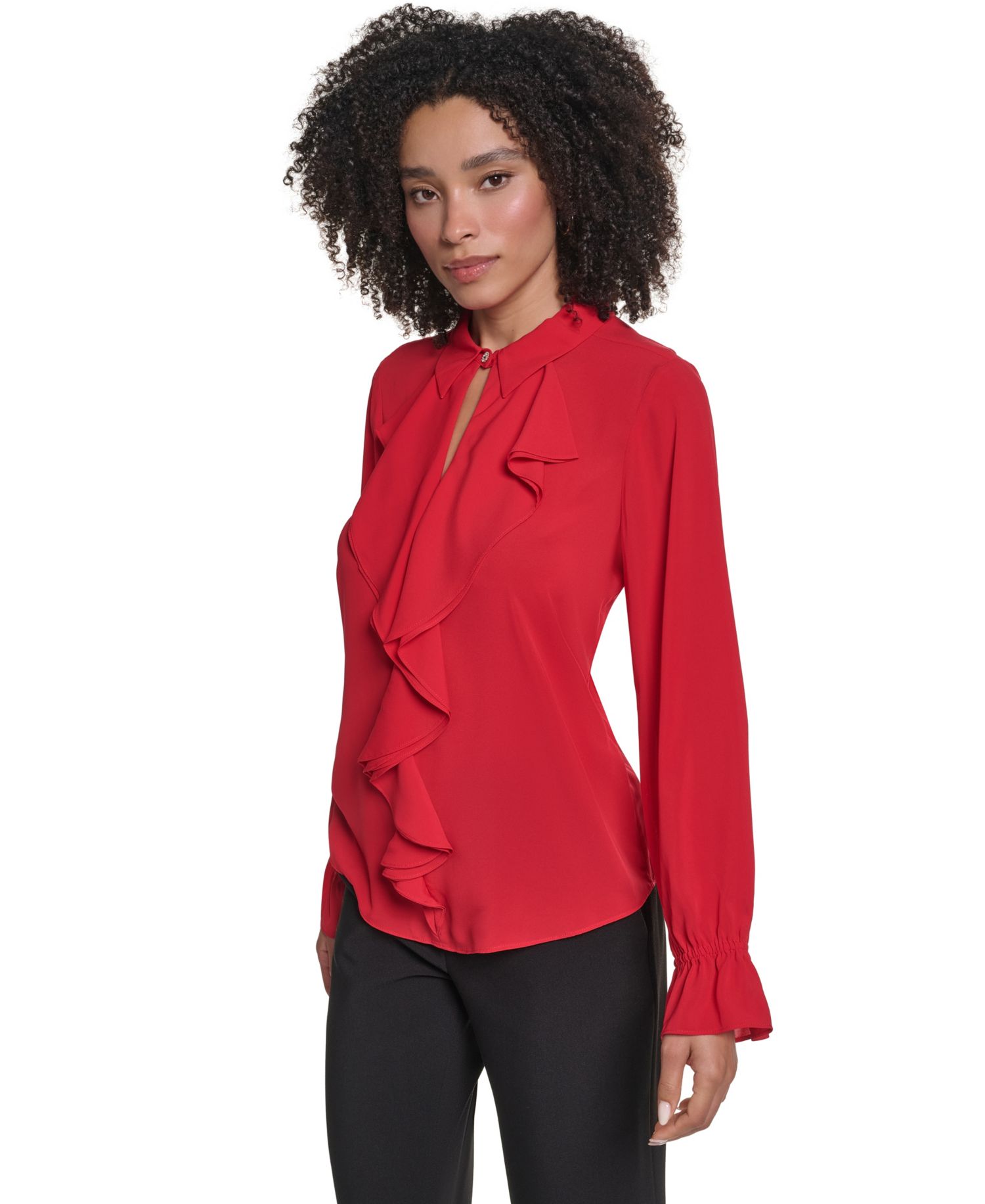 Women's Long-Sleeve Collared Ruffled Blouse