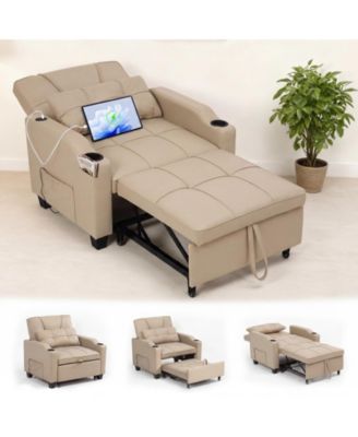 4-in-1 Convertible Sofa Chair Bed with PU Leather, Massage Lumbar Pillow, and USB/Type-C Charging Ports