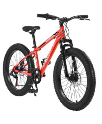 24" Fat Tire Mountain Bike for Adults & Youth with Shimano 7-speed drivetrain, dual disc brakes, front suspension, and high-carbon steel frame