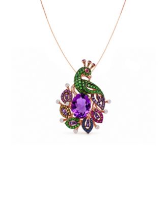 Multi-Gemstone (4-1/3 ct. t.w.) Peacock Pendant Necklace in 14k Rose Gold, 16" + 2" extender