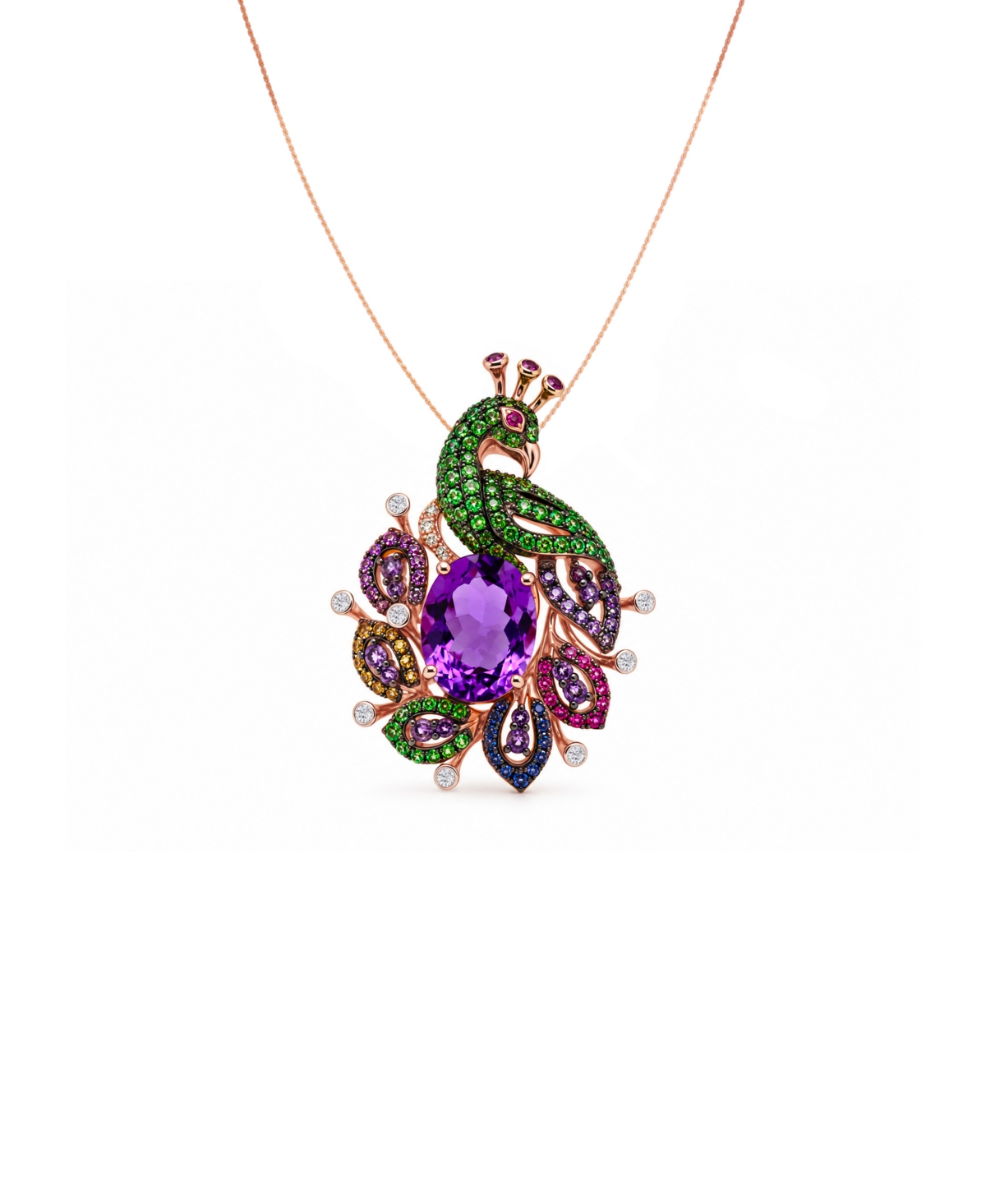 Lali Jewels Multi-Gemstone (4-1/3 ct. t.w.) Peacock Pendant Necklace in 14k Rose Gold, 16" + 2" extender - Multi-Gemstone