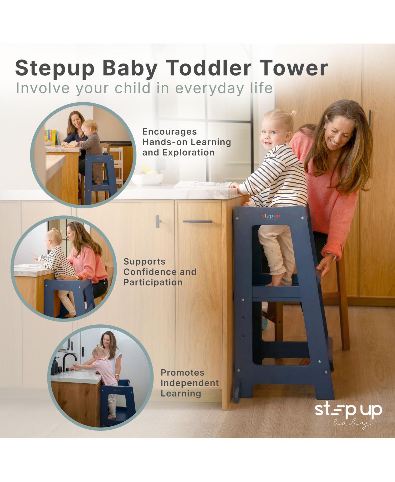 Toddler Tower Adjustable Height Wooden Step Stool for Kids Toddler Standing Tower and Child-safe Knife, Chopping Board for 18M-4Y