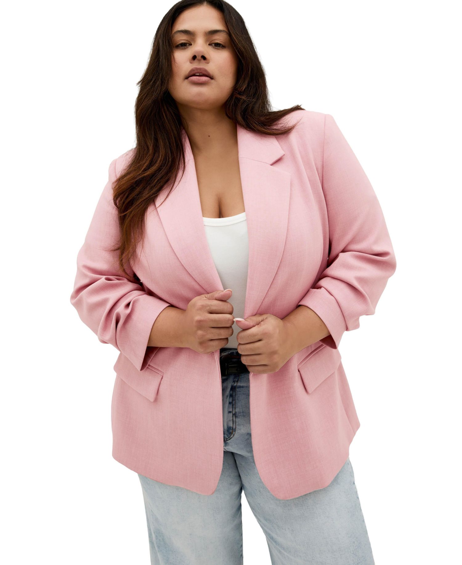 Plus Size Imogen Gathered-Elbow-Sleeve Hip-Length Blazer