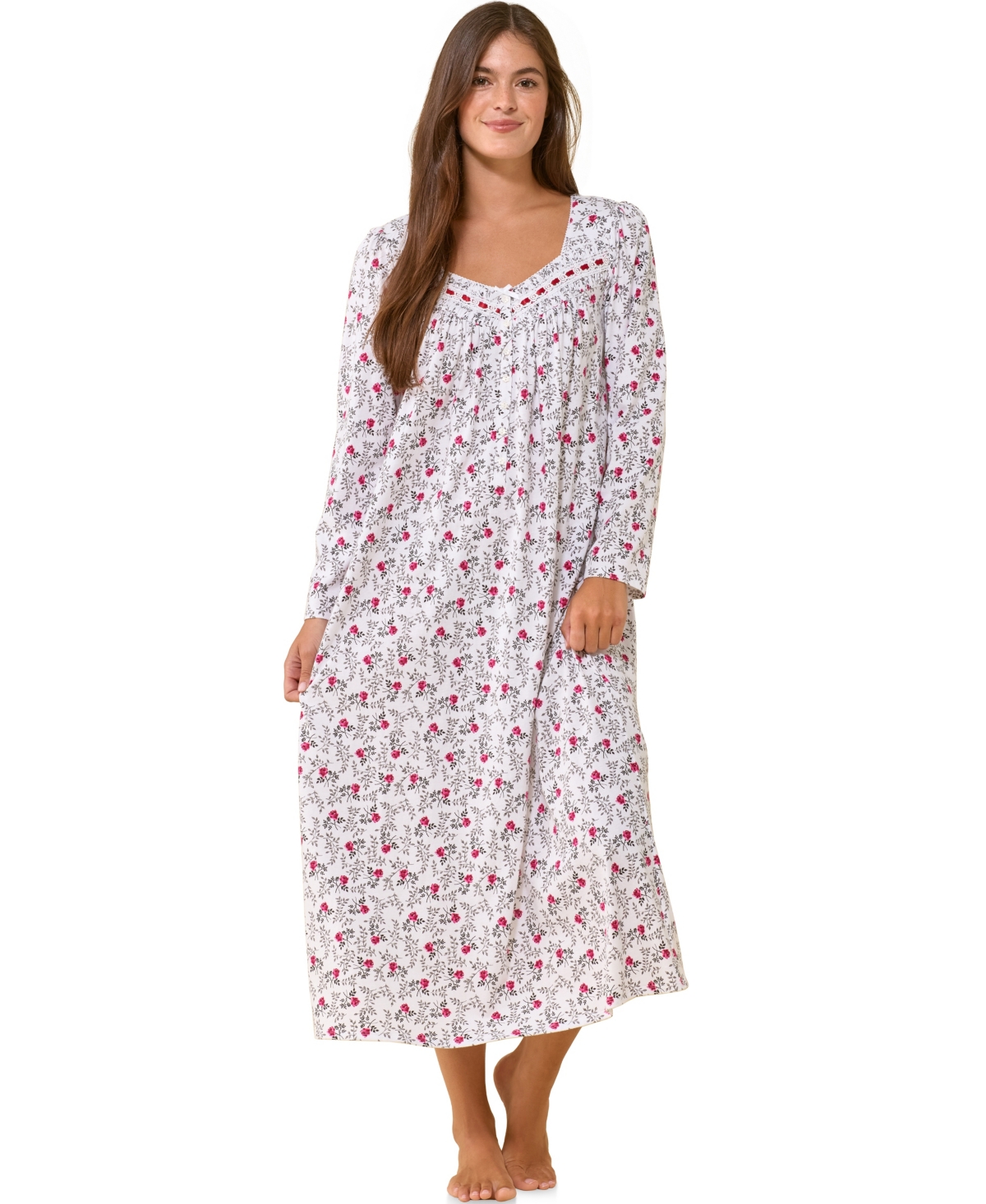 Eileen West Women's Long-Sleeve Sweetheart Nightgown - White Floral
