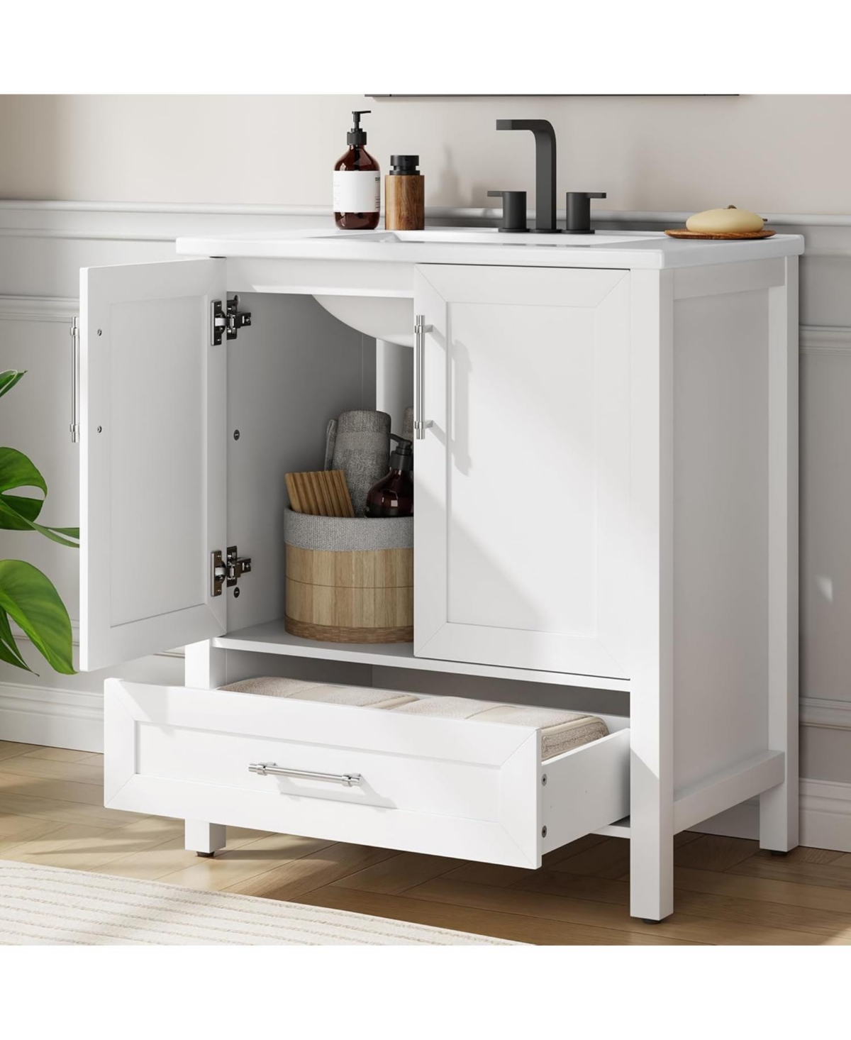 gaomon Bathroom Vanity with Sink, Vintage Farmhouse Freestanding Wood Cabinet, Doors and Drawer Storage, Space-Saving Bathroom Vanity - White