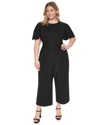 Plus Size Flutter Sleeve Wide-Leg Cropped Jumpsuit