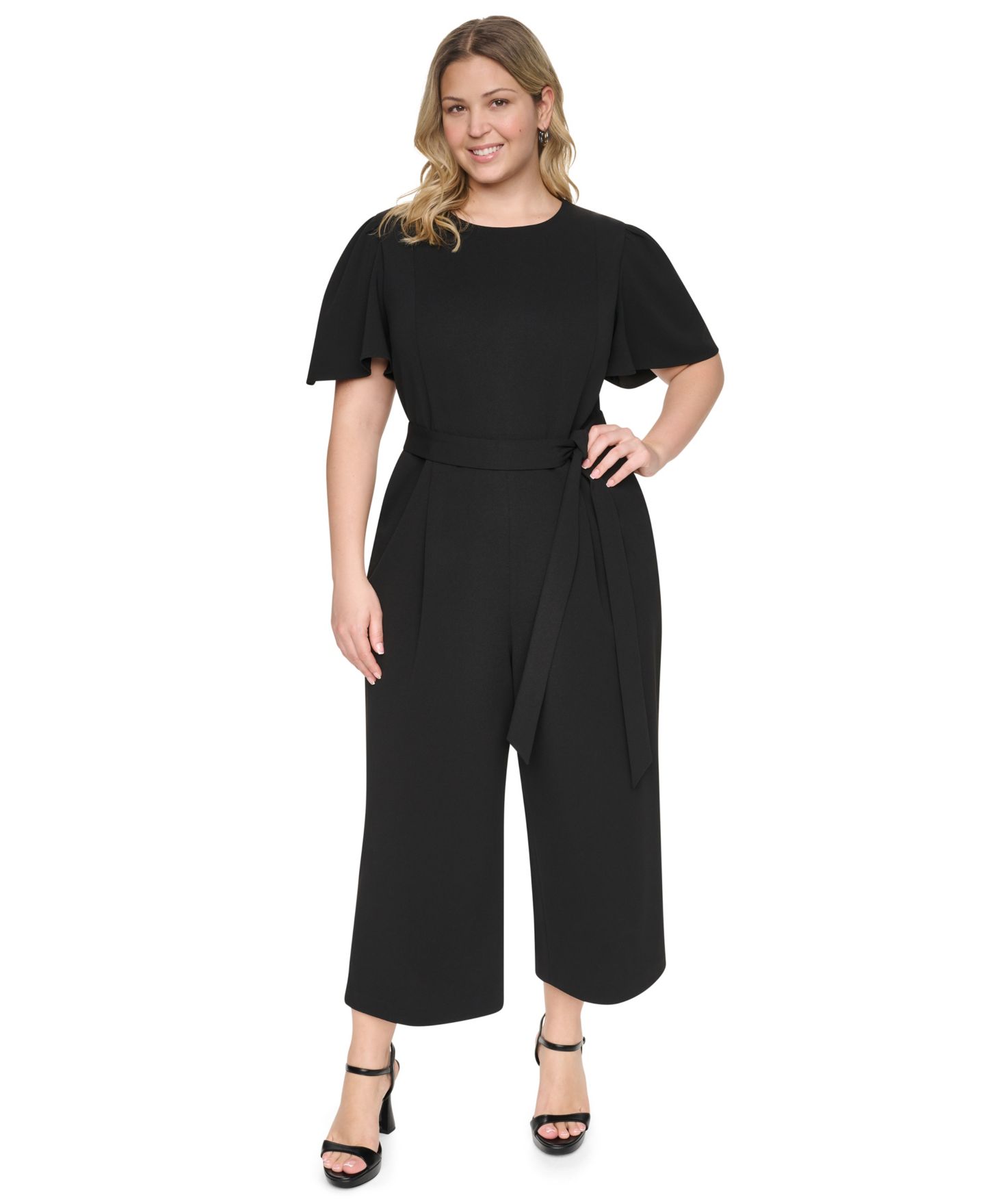 Женский комбинезон DKNY Plus Size Flutter Sleeve Wide-Leg Cropped Jumpsuit, цвет: Чёрный — фото 1