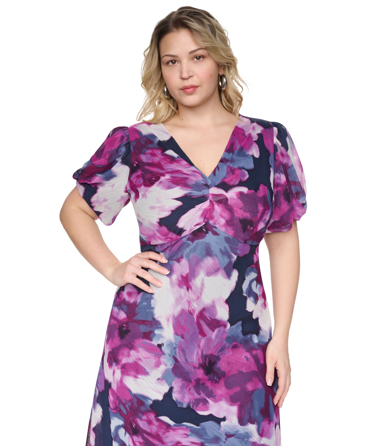 Plus Size Empire Waist Floral Puff-Sleeve Midi Dress
