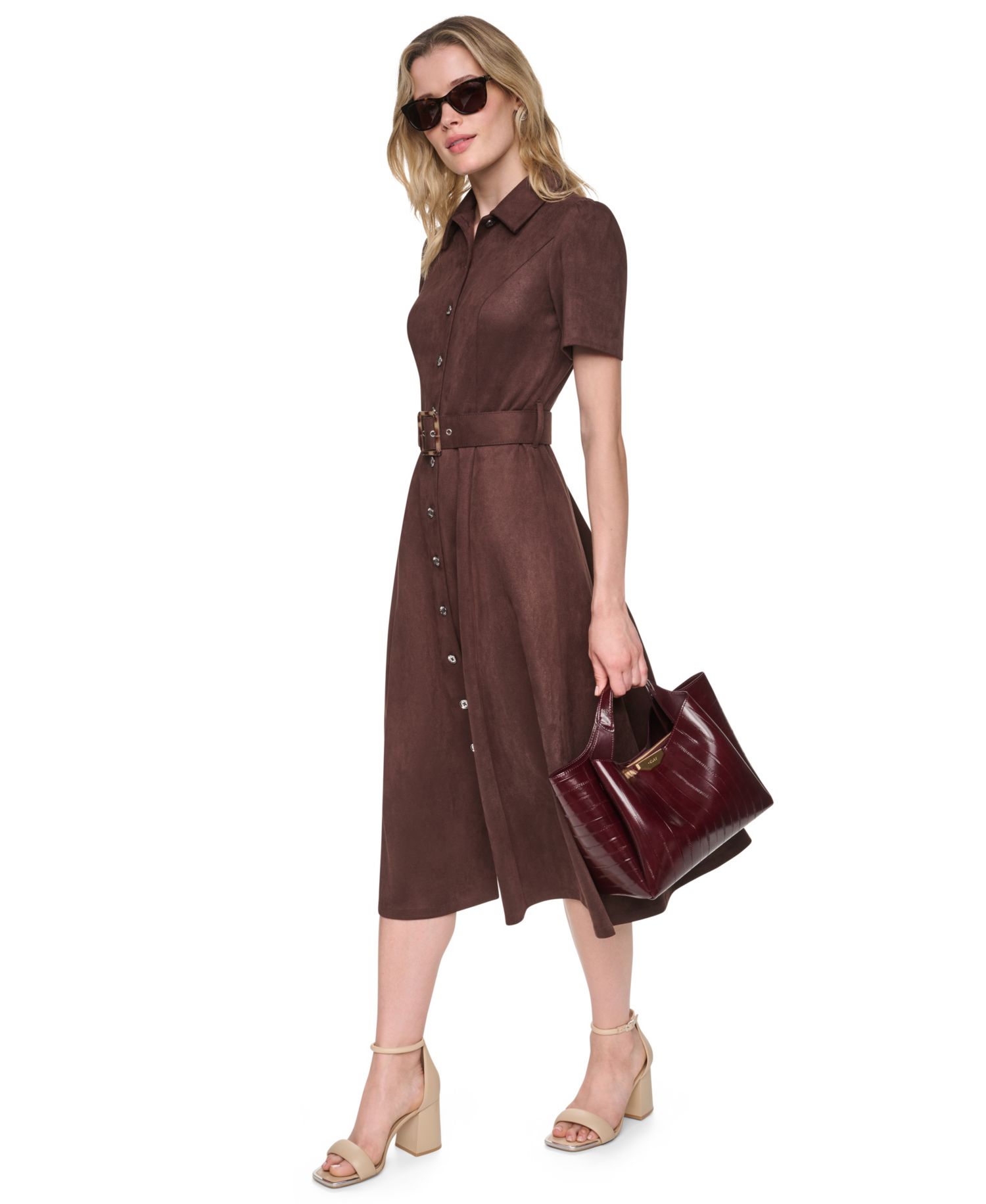 Petite Faux Suede Short-Sleeve Midi Shirt Dress