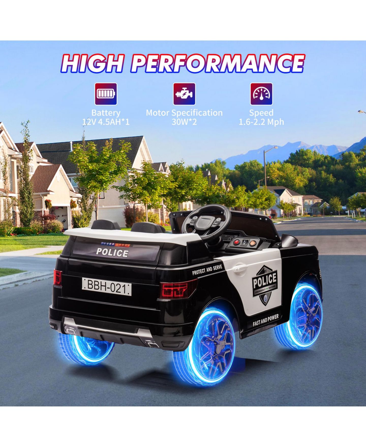 Детская игрушка homfan 12V Ride-On Police Car with Remote Control and LED Lights, от 3 лет, цвет: Чёрный — фото 4
