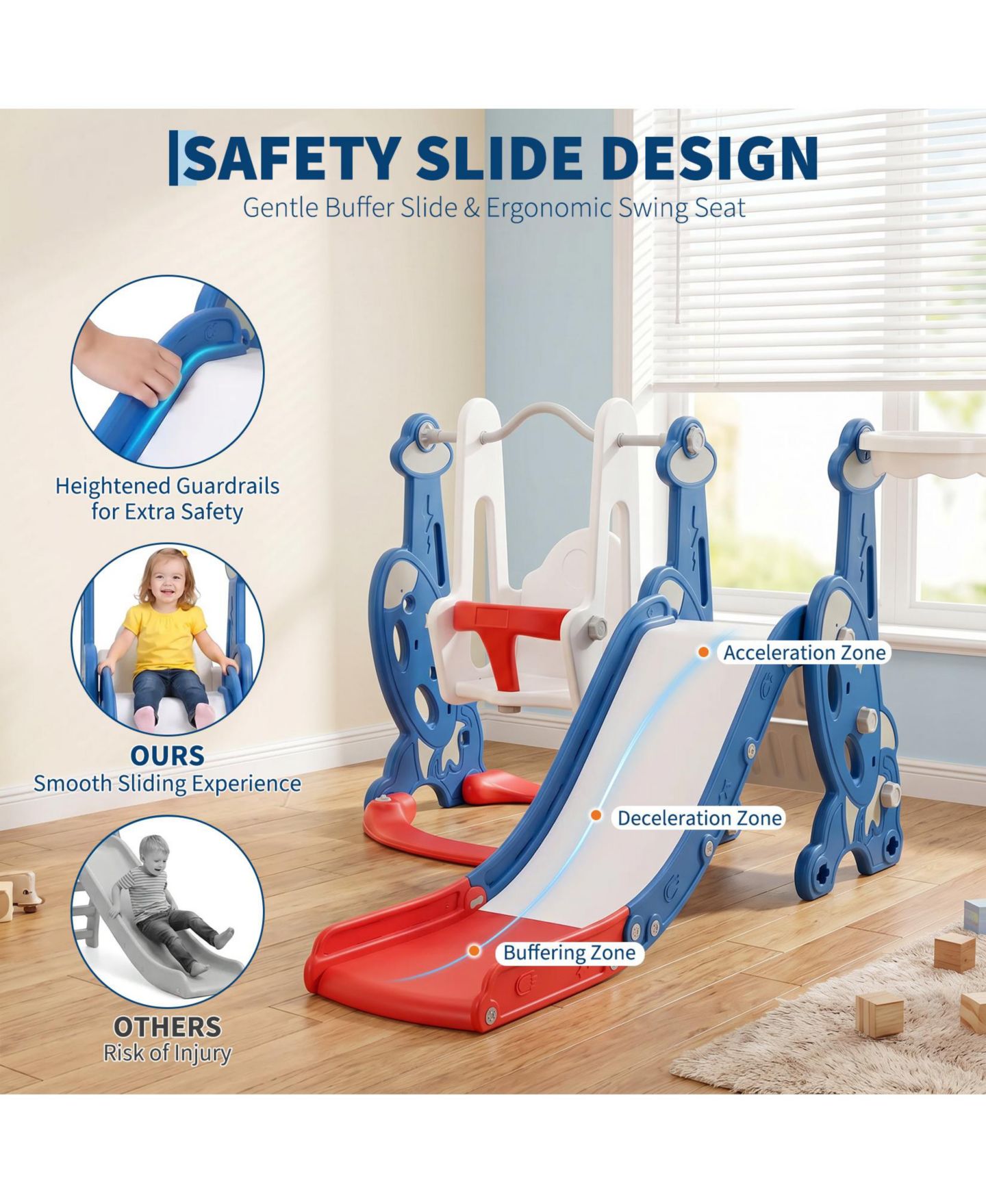 Детский игровой набор homfan Multi-Function Indoor Slide and Swing Play Set with Basketball Hoop, Ages 1+, цвет: Синий — фото 7