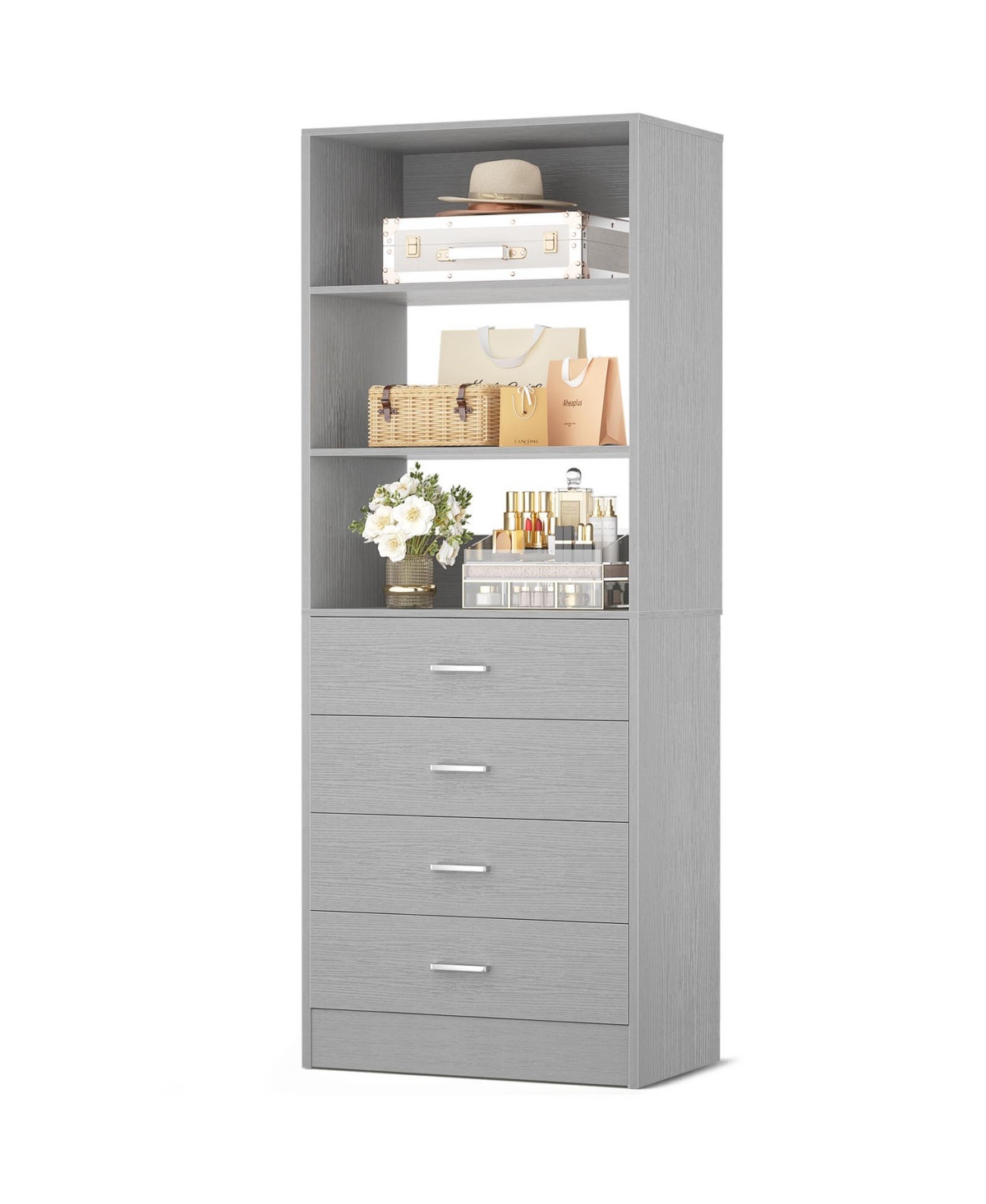 Aheaplus 21.3 Inch Wood Storage Cabinet with 4 Drawers and Shelves Closet Drawers System - Gray